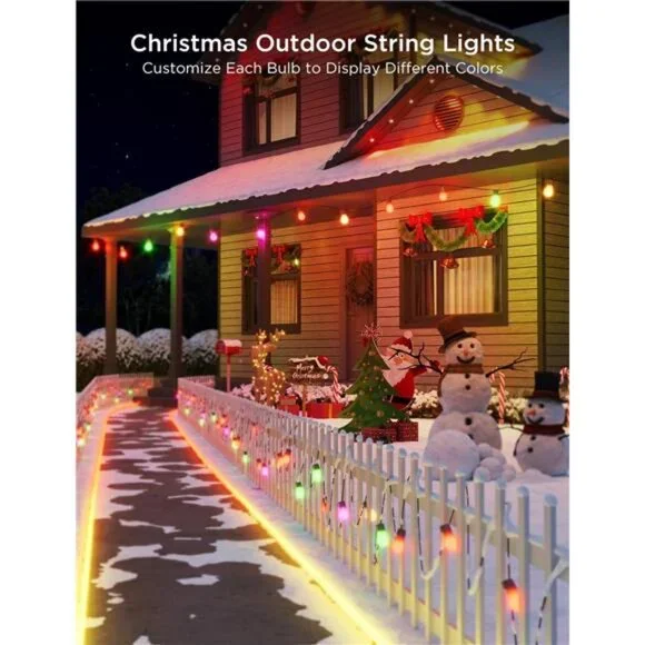 Outdoor String Lights H7021, RGBIC Warm White 96ft (2 Ropes of 48ft) LED Bulbs